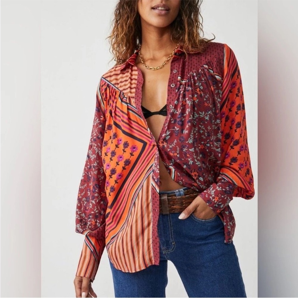 Free People Long sleeve Hazel Buttondown Blouse in Chili pepper Combo